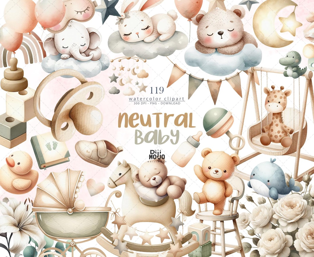 Gender Neutral Baby Shower Clipart | Watercolor Animal PNG Bundle ...
