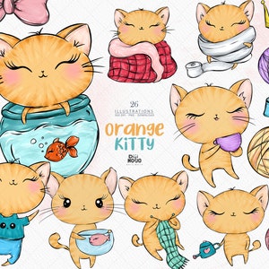 Cute Cat Clipart Pack | Orange Cats, Kawaii Kitty Illustrations for Stickers & Scrapbooking Png