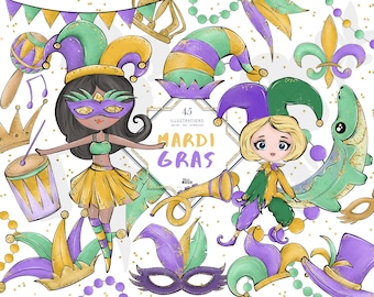 Mardi Gras Clipart Carnival Png Bundle , fleur de lis, louisiana, masquerade, hand drawn