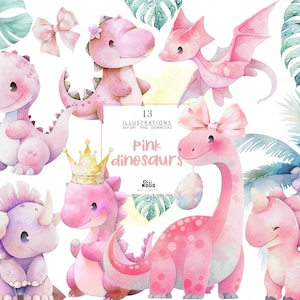 Baby Girl Dinosaur Clipart, Watercolor Nursery Art, baby shower, cute animals, baby dino, pastel pink dinosaur birthday, kids party PNG