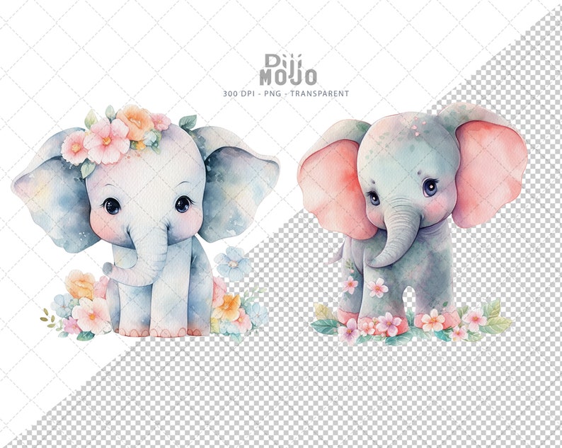 Boho Baby Elephant Clipart Floral Crown Watercolor Nursery - Etsy