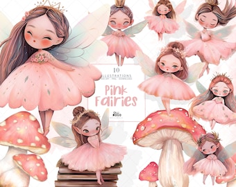 Pink Fairy Tale Watercolor Clipart, Princess & Magical Fairies PNG, Nursery Art, Little Ones