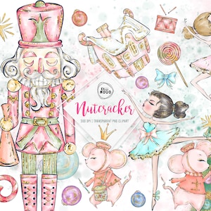 Clipart de bailarina rosa quebra-nozes, fada de açúcar de Natal PNG, adesivos de balé com glitter, arte de rato de Natal caprichosa