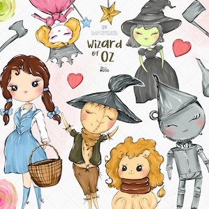 Mágico de Oz Aquarela PNG Clipart - Gráficos de Sublimação de Chá de Bebê com Dorothy, Homem de Lata, Espantalho, Leão, Glenda e Bruxa