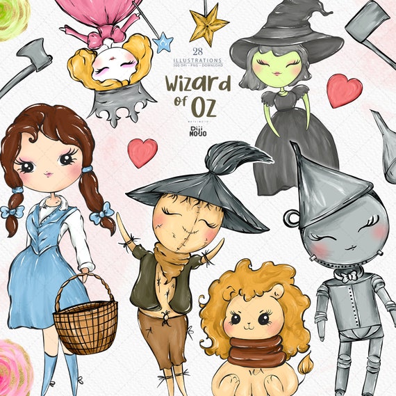 Wizard of Oz Watercolor Clipart: Dorothy, Tinman, Lion (PNG Digital Download)