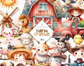 Watercolor Farm Animal Clipart Bundle: Barn, Tractor, Farmhouse Nursery (PNG Digital Download)