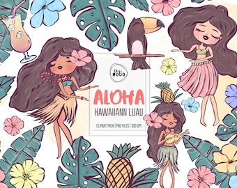 Luau Clipart: Hula Girl, Toucan, Pineapple (PNG File)