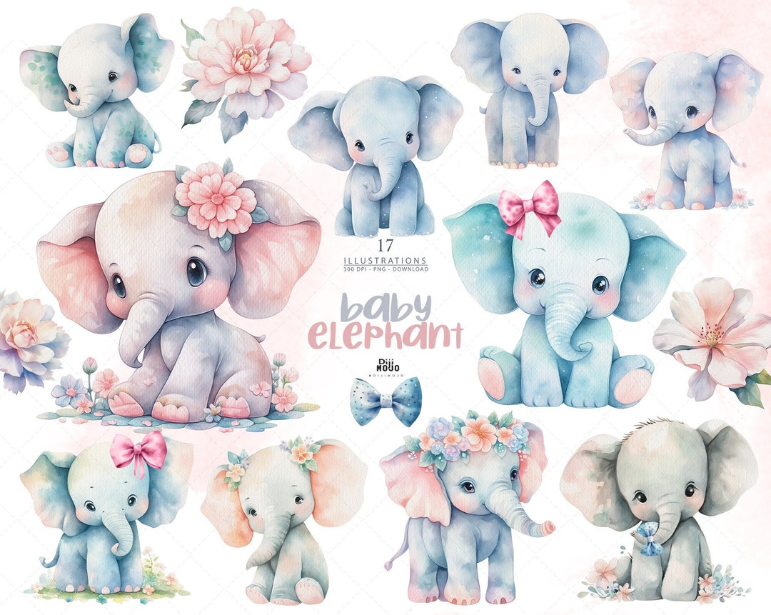 Watercolor Baby Elephant Clipart: Floral Crown, Nursery Art (png ...