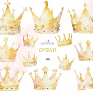 Coroa, Clipart, Aquarela, ouro, tiara, diadema, rainha, princesa, rei, coroa de aniversário de menina PNG, arte de berçário