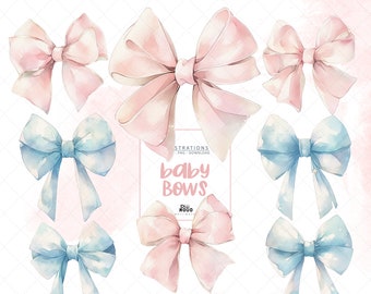 Watercolor Bows Clipart: Pink & Blue Ribbon Design (PNG Digital Download)