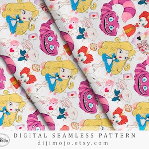Alice in Wonderland Digital Papers - Seamless Pattern Pack, Fairytale Scrapbook, Printable Fantasy Art