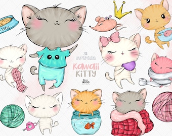 Kawaii Cat Clipart | Kitty PNG Graphics (Digital Download