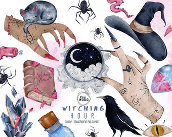 Watercolor Witching Hour Clipart, Witch Hand PNG, Halloween Witchcraft Art, Hand-Drawn Stickers, Sublimation