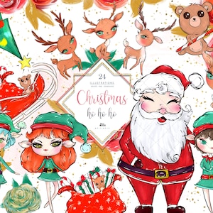 Weihnachtliches Clipart Set - Weihnachtsmann, Elf, und Rentier Illustrationen zum Basteln