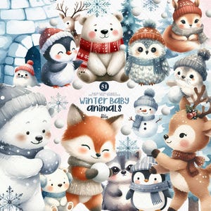 Clipart de animais bebês de inverno | PNGs fofos de animais do Ártico | Ilustrações de animais bebês nevados