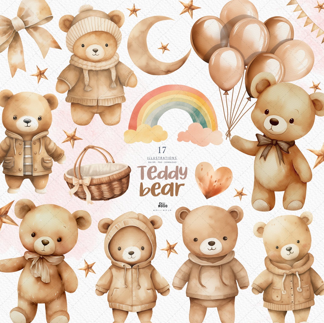 Boho Watercolor Teddy Bear Clipart, Baby Shower & Nursery Decor, Cute ...