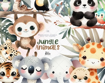 Watercolor Jungle Animals Clipart: Baby Shower PNG (Digital Download)