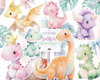 Baby Dinosaur Clipart, pastel Watercolor Nursery Art, Dino baby shower, cute animals, dinosaur birthday, kids party PNG