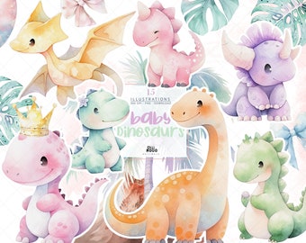 Baby Dinosaur Clipart, pastel Watercolor Nursery Art, Dino baby shower, cute animals, dinosaur birthday, kids party PNG