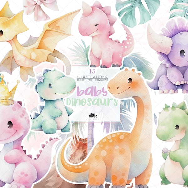 Baby Dinosaur Clipart, pastel Watercolor Nursery Art, Dino baby shower, cute animals, dinosaur birthday, kids party PNG