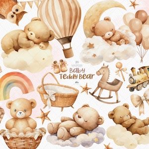 Ours en peluche endormis à l'aquarelle | Fête prénatale bohème PNG | Décoration de chambre d'enfant mignonne | Clipart beige marron avec des ballons