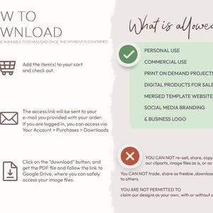 May include: A green and white infographic with the title "How to Download" and "What is Allowed". The infographic explains how to download digital products and what is allowed for commercial use. The infographic includes a checkmark and an X.