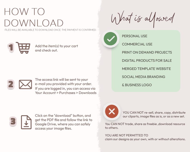 May include: A green and white infographic with the title "How to Download" and "What is Allowed". The infographic explains how to download digital products and what is allowed for commercial use. The infographic includes a checkmark and an X.