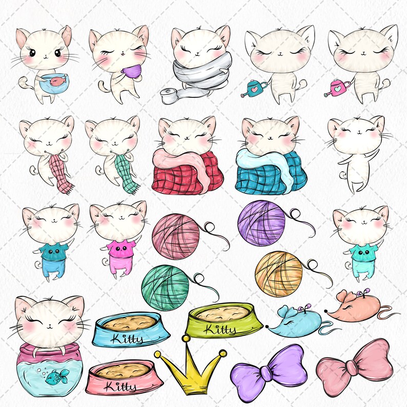 May include: A set of digital illustrations featuring cute white cats in various poses and activities. The illustrations include cats wearing scarves, holding cups of coffee, playing with yarn, and sleeping in blankets. There are also illustrations of cat food bowls, a crown, and a bow.