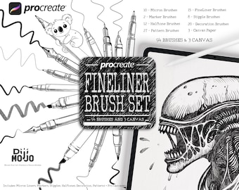 Procreate Brush Set: Fineliner, Micron, Stipple, Halftone (94 Brushes + 3 Canvases)