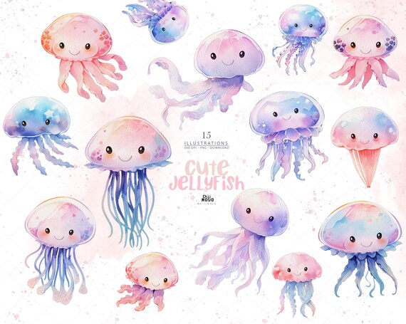 Baby Jellyfish Clipart, Watercolor Undersea Animals, Cute Sea Creatures, Underwater Baby Shower, Ocean, PNG, Nursery Art