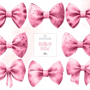 Clipart de acuarela de lazo rosa, arte para baby shower y guardería de niña, lindo lazo de cinta PNG