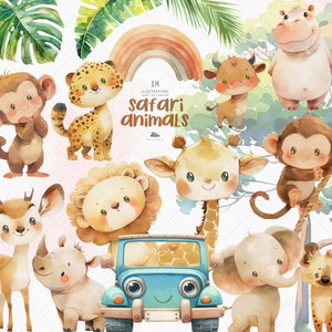 Clipart PNG acquerello di simpatici animali da safari - Adorabile clip art per la decorazione della cameretta dei bambini con animali della giungla
