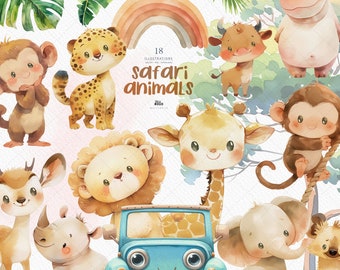 Watercolor Safari Animals Clipart: Jungle Nursery Decor (PNG Digital Download)
