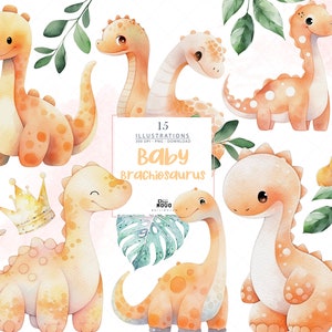 Baby Dinosaur Watercolor Clipart, Cute Brachiosaurus PNG, Dino Birthday Party & Nursery Decor, Baby Shower Clip Art