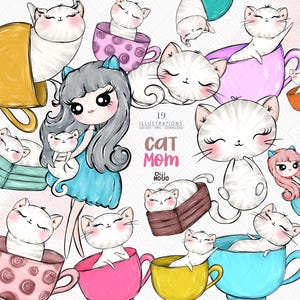 Clipart moeder en kitten | Schattige kattenfamilieafbeeldingen | Digitale download