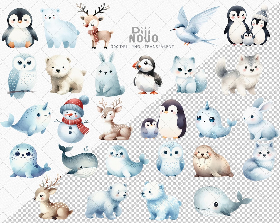 Watercolor Arctic Animals Clipart: Winter PNG Bundle (digital Download ...