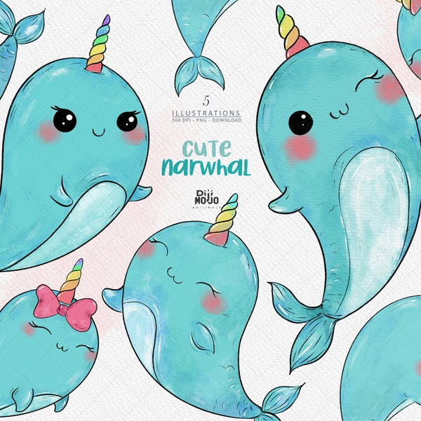 Watercolor Cute Narwhal Clipart, Baby Shower Nursery Decor Png, Narwhal Printable Stickers, Birthday invitation Narwhal clip art.