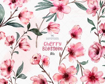 Watercolor Cherry Blossoms Sakura Floral Clipart instant download
