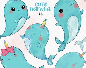 Watercolor Narwhal Clipart | Kawaii PNG Art (Instant Download
