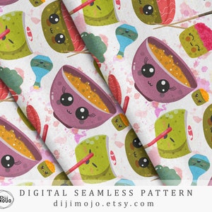 Schattige sushi digitaal papier - naadloos patroonpakket, kawaii voedselplakboek, afdrukbare achtergronden, sushistofontwerp
