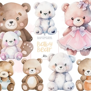 Baby Bear Clipart, Watercolor Teddy Ber Nursery Art, Baby Shower, Baby boy, baby girl, kids birthday party graphics, PNG