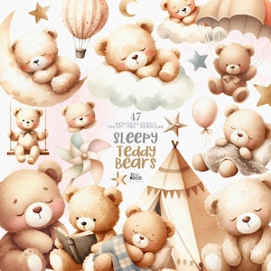 Aquarell Teddy Bär Clipart: Tiere PNG Set schläfrig (digitaler Download)