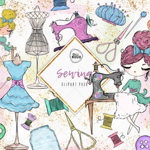 Sewing Clipart: Vintage Sewing Machine, Mannequin, Fabrics (Digital Download)