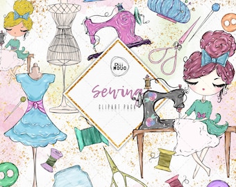 Sewing Clipart: Vintage Sewing Machine, Mannequin, Fabrics (Digital Download)
