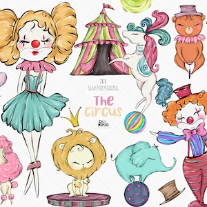 Aquarel circus carnaval clipart clown kinderkamer decor png babyshower instant download