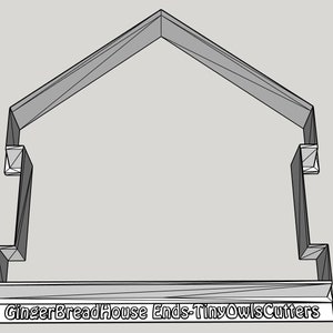 May include: A gingerbread house cookie cutter in the shape of a house with a simple roof. The cutter is made of metal and has a smooth, shiny finish. The text "Gingerbread House Ends-TinyOwlsCutters" is printed on the bottom of the cutter.
