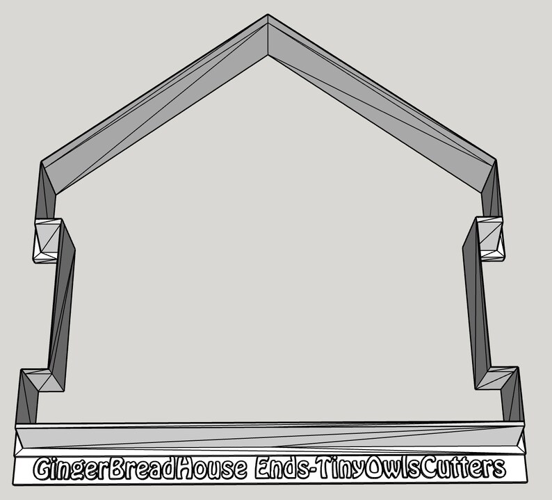 May include: A gingerbread house cookie cutter in the shape of a house with a simple roof. The cutter is made of metal and has a smooth, shiny finish. The text "Gingerbread House Ends-TinyOwlsCutters" is printed on the bottom of the cutter.