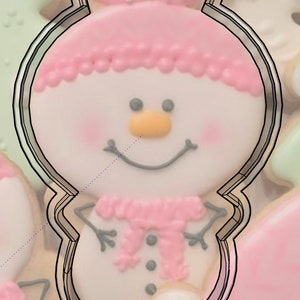 May include: A plastic cookie cutter in the shape of a snowman wearing a pink hat and scarf. The cutter is outlined in black and has the text "SnowMan-TinyOwlsCutters" at the bottom.