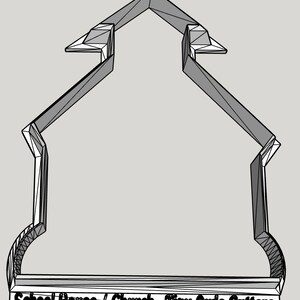 May include: A black and white line drawing of a school house or church building. The image is labeled "School House / Church - Tiny Owls Cutters".