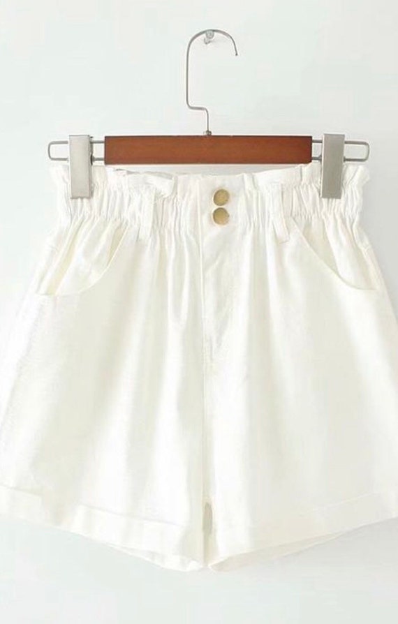 White High Waisted Elastic Waist Shorts Etsy
